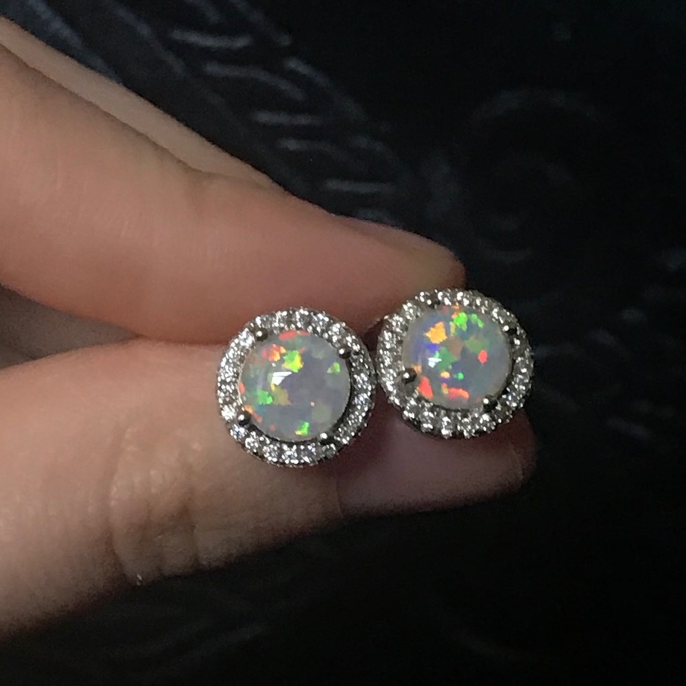 Cabochon white opal halo earrings